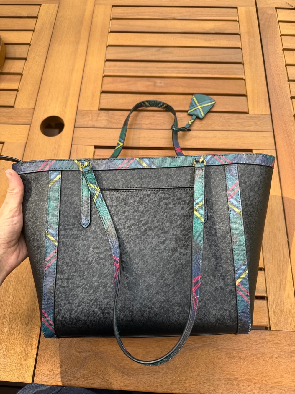 Ralph Lauren Black Tote with Multicolor Plaid Trim and Straps - Picture 2 of 4